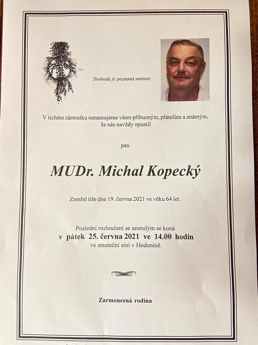 Parte primáře Michala Kopeckého (†64).