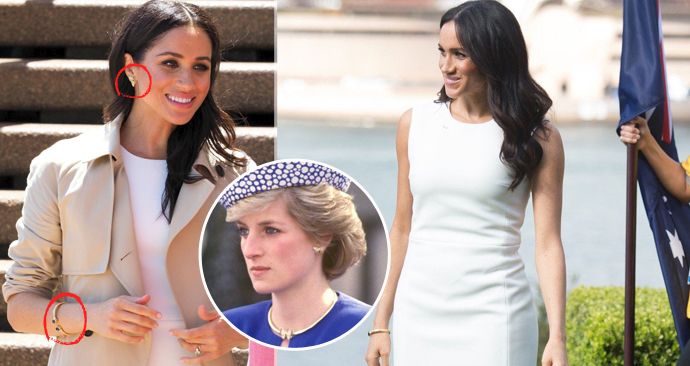 Meghan Markle předvedla neviditelné bříško v šatech a šperky po princezně Dianě.