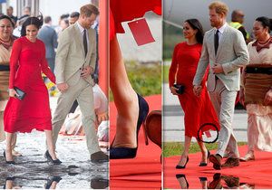 Vévodkyně Meghan Markle vynesla rudé šaty s neustřiženou cedulkou.