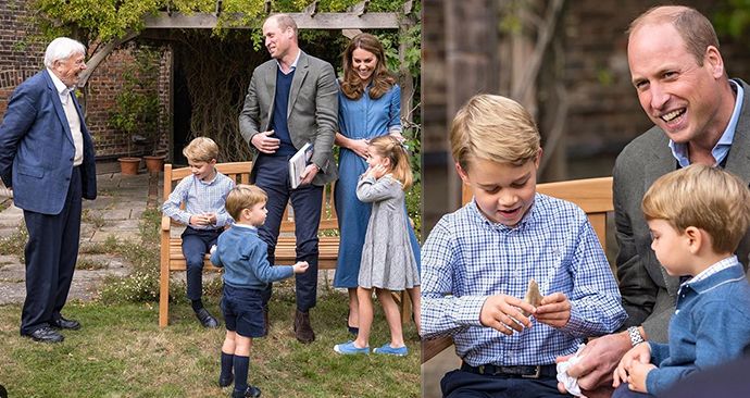 Princ William, Kate, jejich děti Louis, Charlotte a George s rodinným přítelem Davidem Attenboroughem