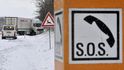 Přívaly sněhu spojené s prudkým nárazovým větrem o rychlosti přes 70 km/h vytvářejícím sněhové jazyky a takzvanou bílou tmu 15. února ztěžovaly sjízdnost silnic v kraji Vysočina. Na snímku situace na 123. kilometru dálnice D1 u Věžnice na Jihlavsku, kde havarovaný rumunský kamion uzavřel dva jízdní pruhy.