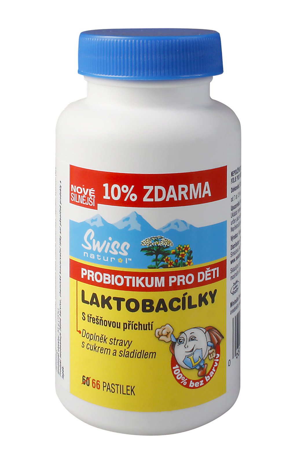 Pastilky s třešňovou příchutí pro děti. Unikátní komplex 5 kmenů probiotických bakterií garantovaného původu, které jsou přirozenou součástí střevní mikroflóry dětí. Cena kolem 320 korun.