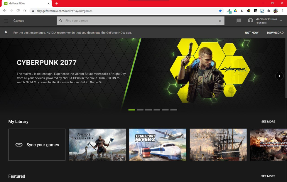 Takto vypadá GeForce Now v prohlížeči, které bylo spuštěné nedávno.