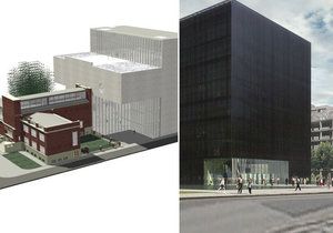 Tři miliardy půjdou v Ostravě na výstavbu akademické knihovny (černá kostka) a nové síně galerie 21. století.