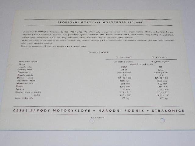 Prospekt ČZ 250, 400 motocross - ČZ 250 - 980.7, ČZ 400 - 981.4 (1973)