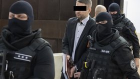 Policejní eskorta přivádí k soudu Adama P.