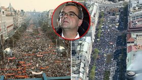Největší demonstrace od sametové revoluce v roce 1989 (vlevo)? Proti počínání ministra Kalouska a celé české vlády 21. dubna 2012! (vpravo)