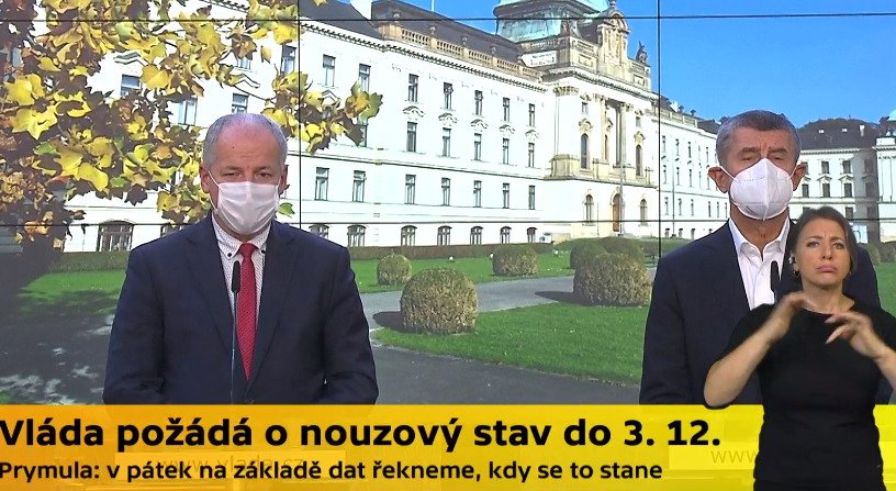 Ministr Roman Prymula (za ANO) a premiér Andrej Babiš (ANO) na tiskové konferenci po jednání vlády (27. 10. 2020)