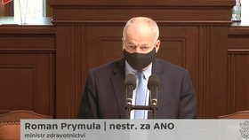 Ministr zdravotnictví Roman Prymula (za ANO) ve Sněmovně promluvil o aktuální koronavirové situaci. (20. 10. 2020).