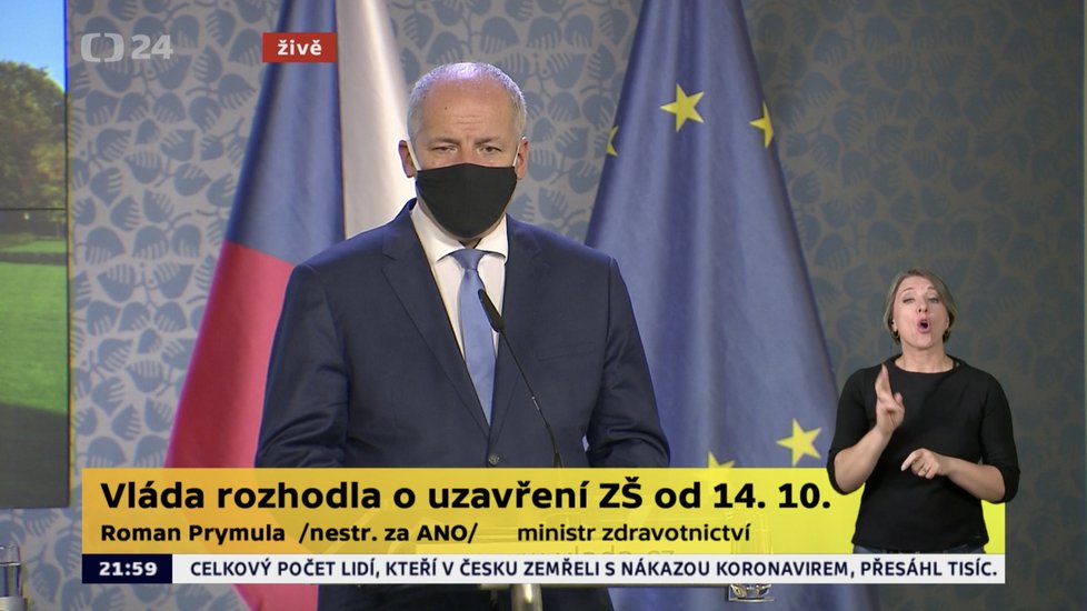 Ministr zdravotnictví Roman Prymula (za ANO) na tiskové konferenci po jednání vlády (12. 10. 2020)