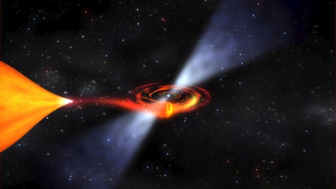 Milisekundový pulsar. Hmota přetéká z hvězdy na pulsar, což urychluje jeho rotaci.
