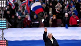 Stadion Lužniki: Vladimir Putin hovoří o Ukrajině a Krymu, 18. března.