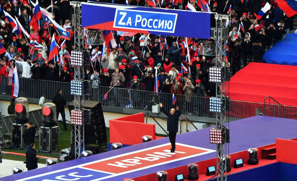 Stadion Lužniki: Vladimir Putin hovoří o Ukrajině a Krymu, 18. března.