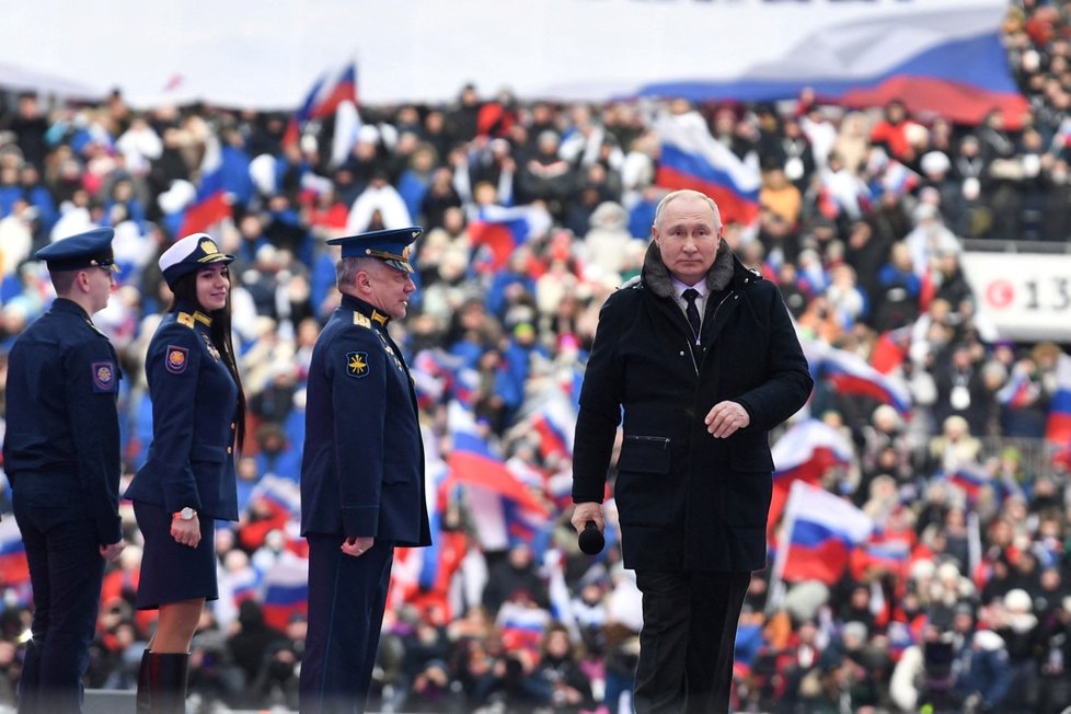 Vladimir Putin k výročí &#34;speciální vojenské operace&#34; promluvil na stadionu Lužniki (22. 2. 2023).