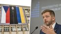 Symbol vzniku ČSR i ukrajinské odhodlanosti? Na budově resortu vnitra visí vlajka s vytrácejícím se Putinem