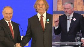 Zleva ruský prezident Vladimir Putin, český písničkář Jaromír Nohavica a expremiér Mirek Topolánek