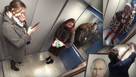 Putin ve výtahu šokoval Rusy. Prezidentův portrét vzbudil výsměch i nadávky.