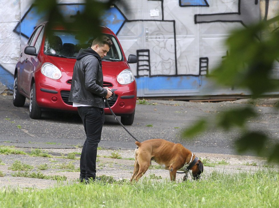 Ondřej venčí Hančina psa Pepu.