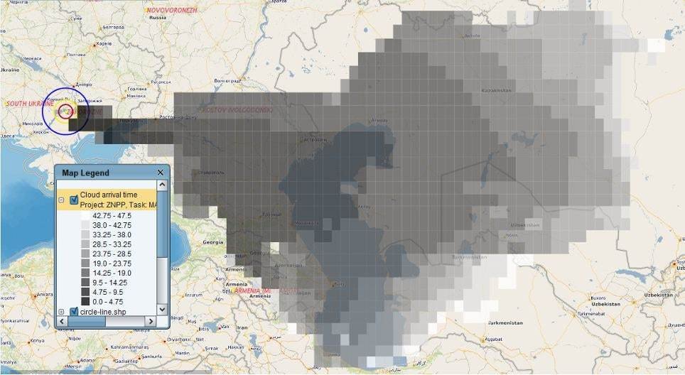 Ukrajinský Energoatom uveřejnil výpočet chování radioaktivního mraku v případě poškození jaderné elektrárny v Záporoží, kterou poškodilo ruské ostřelování v noci 4. března 2022.