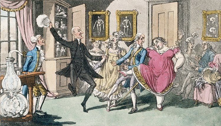 Dobová rytina ukazuje večírek s rajským plynem - oxidem dusným z 19. století