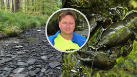 Martin Kubát místo odpočinku na dovolené zachraňoval raky z vyschlého koryta potoka u Protivanova na Prostějovsku.