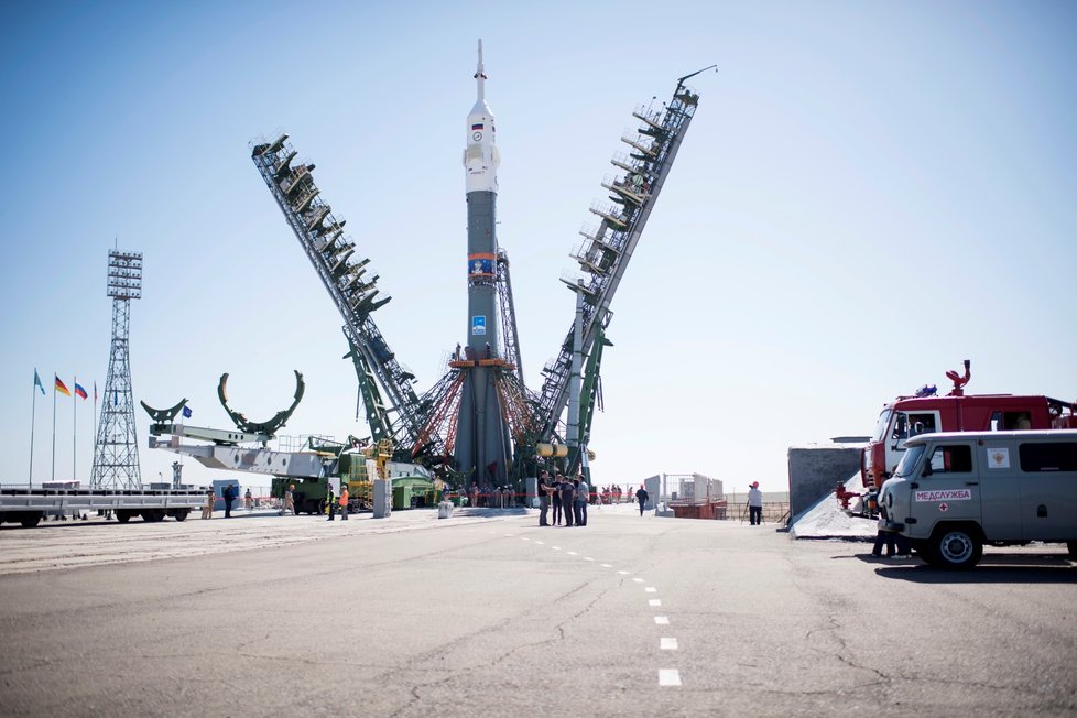 Ruská kosmická loď Sojuz MS-09 na kosmodromu Bajkonur v Kazachstánu (4. 6. 2018).
