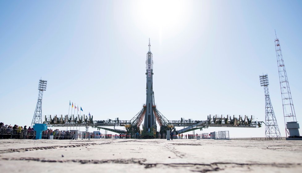 Ruská kosmická loď Sojuz MS-09 na kosmodromu Bajkonur v Kazachstánu (4.6.2018).