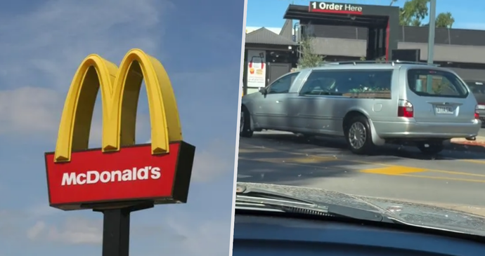 Pohřební auto jedoucí i s rakví do fastfoodu McDonalds