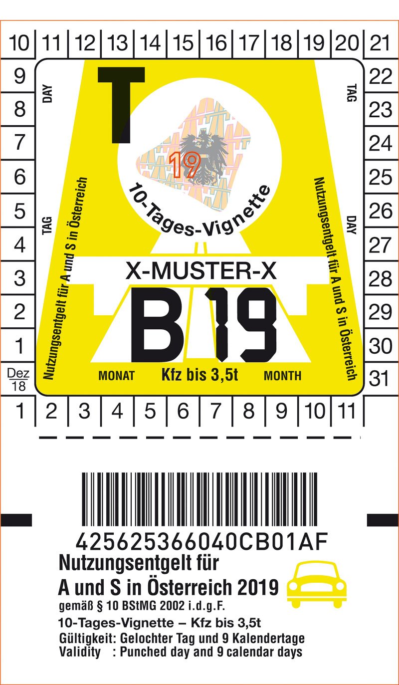 Rakouská dálniční známka, platnosti 10 dnů