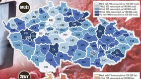 Mapa výskytu všech typů rakoviny. Zdroj: Ústav zdravotnických informací a statistiky, data za rok 2015. Jde o nejnovější statistiku vydanou letos v říjnu. Zpracování je náročné, proto je prezentována vždy se zpožděním.