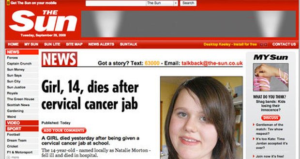 Očkování proti rakovině děložního čípku prý nebylo příčinou úmrtí čtrnáctileté Natalie Morton