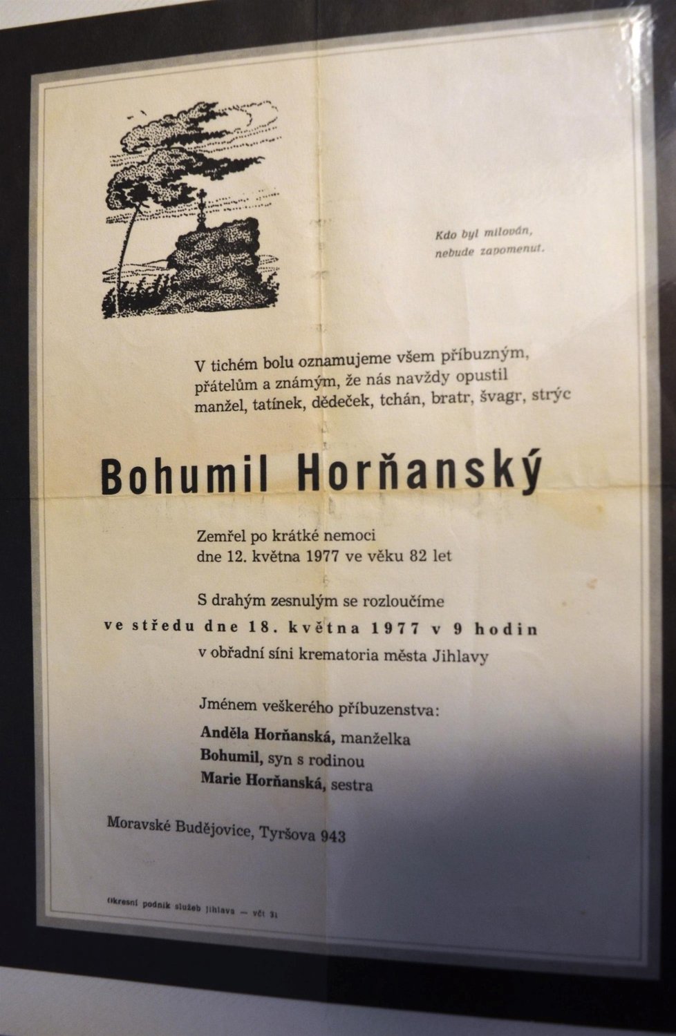 Úmrtní oznámení Bohumila Horňanského. Zemřel v roce 1977.