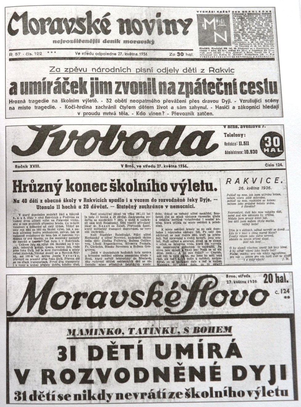 O rakvické tragédii referovaly na jaře 1936 obšírně všechny noviny. Parlament dokonce přerušil rozpravu, aby vyjádřil rodinám soustrast.