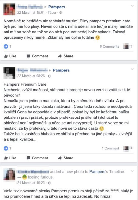 Reakce nespokojených maminek na profilu plenek Pampers