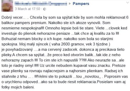 Reakce nespokojených maminek na profilu plenek Pampers