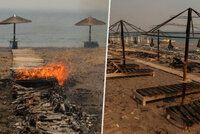 Hoří i lehátka na pláži. Dovolenkový ráj pohltily plameny, Lesbos evakuoval stovky turistů