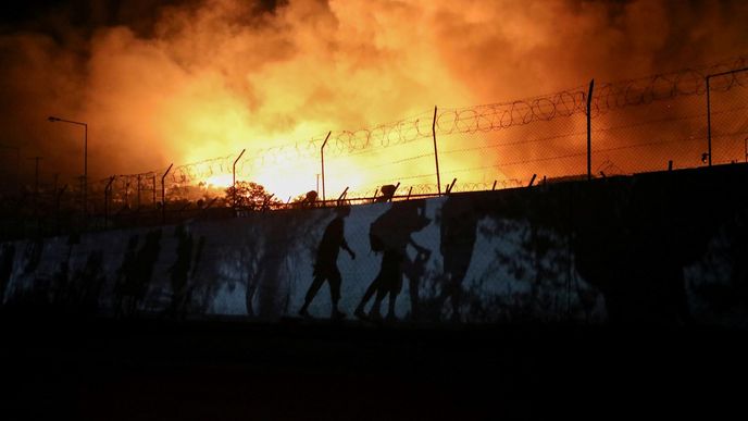 Požár v uprchlickém táboře Moria na ostrově Lesbos.