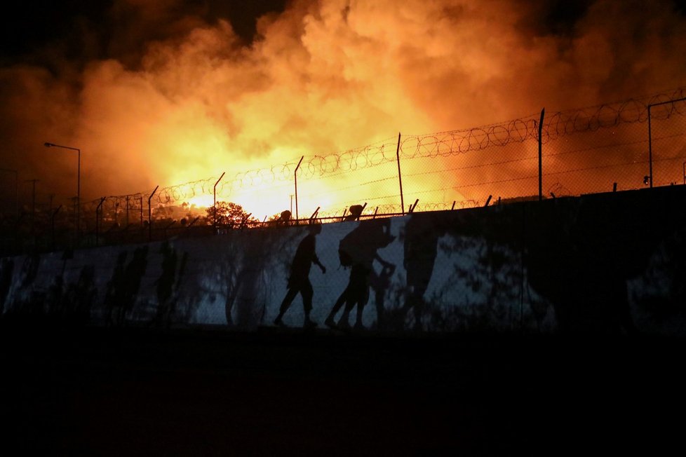 Požár v uprchlickém táboře Moria na ostrově Lesbos.