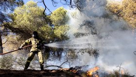 Hasič se snaží uhasit lesní požár v oblasti Keratea, jihovýchodně od Atén, Řecko, neděle 30. června 2024.