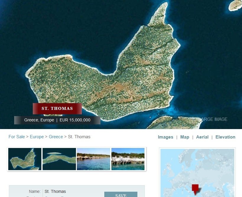 Ostrov Svatého Tomáše (Agios Thomas), který v Řecku koupil investor Warren Buffett.