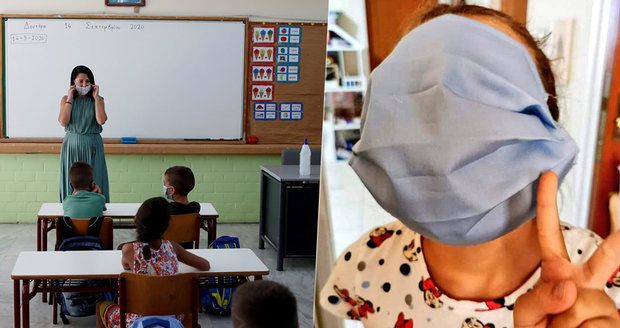 Rouška jako padák: Úřady poslaly do řeckých škol obří ústenky, dětem zakrývají celý obličej