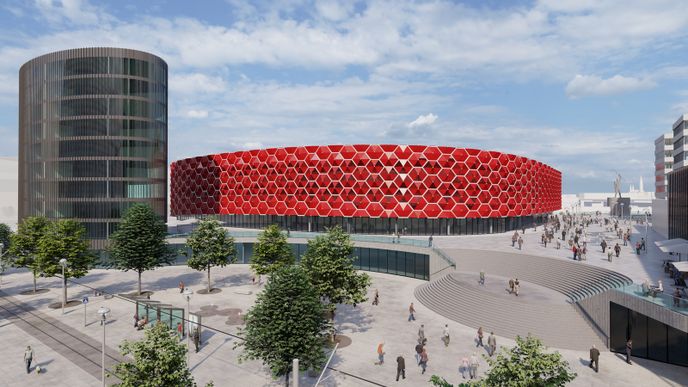 Vizualizace víceúčelové haly, kterou v Olomouci v projektu Nová Velkomoravská připravuje developerská společnost Redstone.