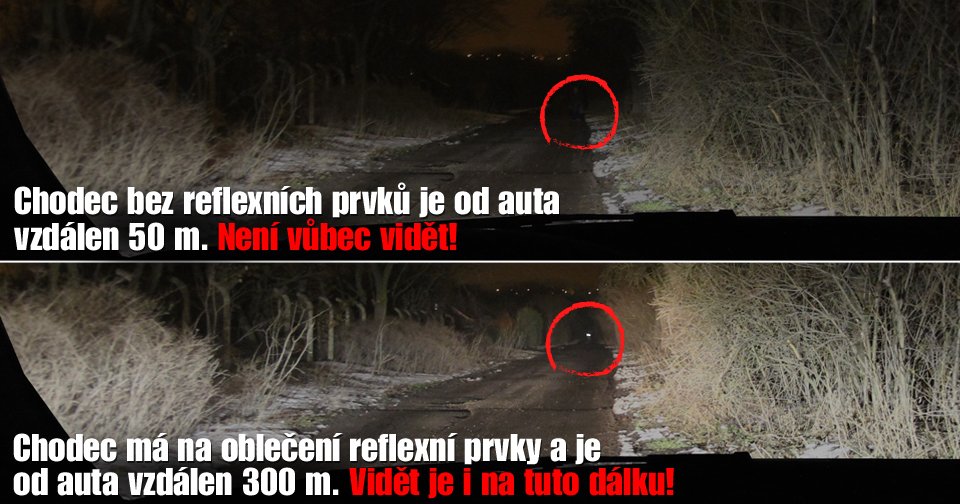 Reflexní prvky jsou na oblečení dobře znatelné až na několik set metrů