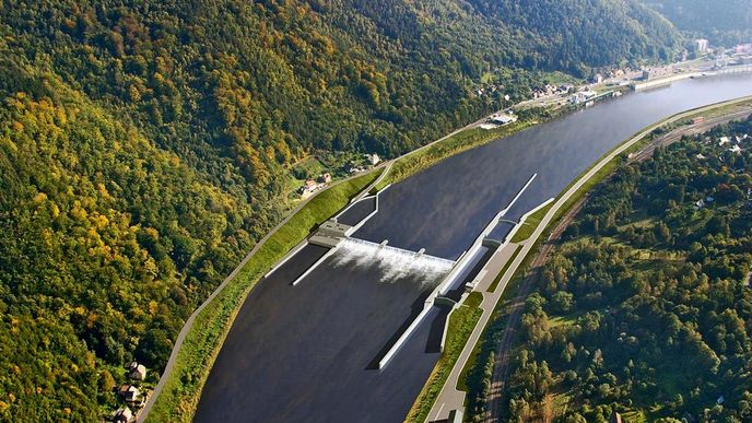 rejdařův sen. Takto by měl podle plánů Ředitelství vodních cest vypadat úsek Labe pod Děčínem, který je poslední neregulovanou částí řeky od soutoku s Vltavou.