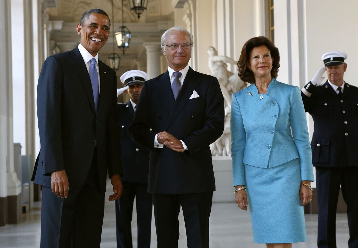 Švédský král Carl Gustaf a královna Silvia ve stockholmském paláci s americkým prezidentem.