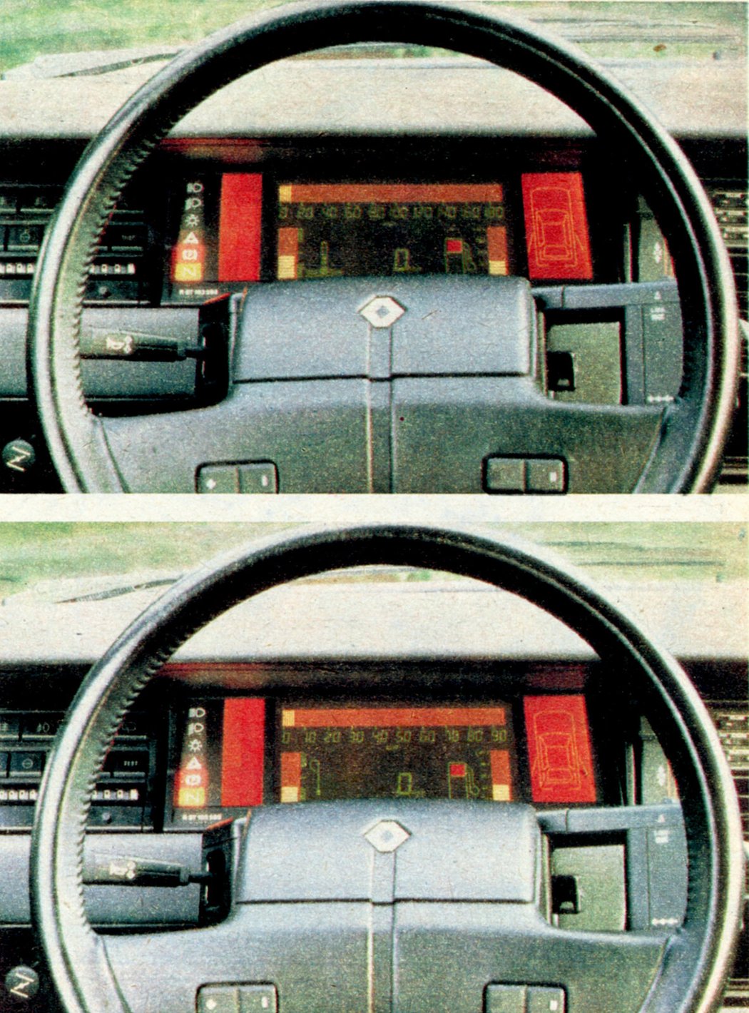 Dva pohledy na elektronické „budíky“ Renaultu 11 TSE Electronic s různým rozsahem rychloměru