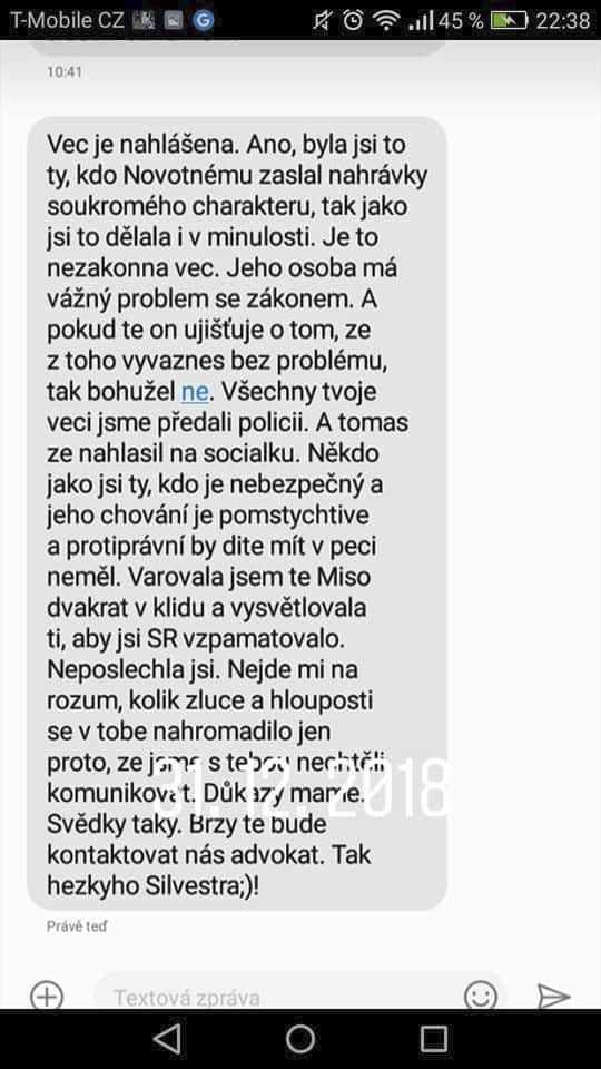 Pavel Novotný zveřejnil výhružnou SMS od Kateřiny Kristelové