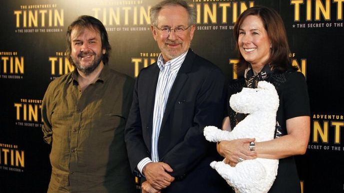 Režiséři Steven Spielberg a Peter Jackson s producentkou Kathleen Kennedyovou