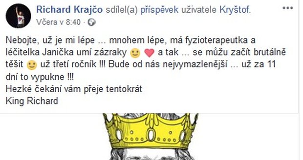 Richard Krajčo oznámil fanouškům, že už mu je lépe.