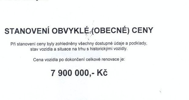 Odhadní posudek na Richterova Rolls Royce z roku 1935. Cena je asi 7,9 milionu korun